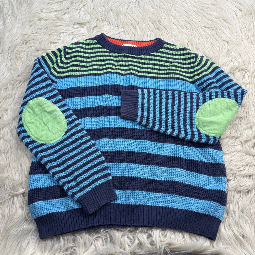 Hanna Andersson Boy's Youth 140 US 10 Mixed Stripe Sweater Green Blue Elbow Pads - Picture 1 of 6
